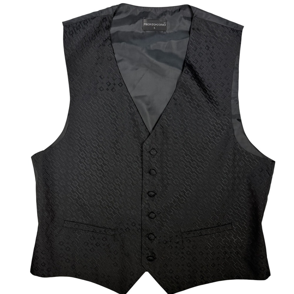 Vintage Pronto Uomo Mens Black Geometric Diamond Pattern Formal Suit Vest Large